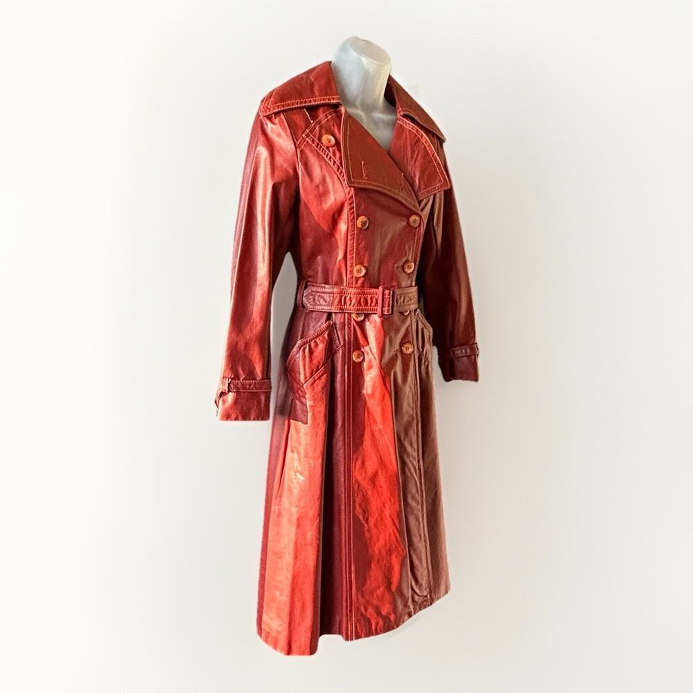 VTG 70s Sears JR Bazaar Leather Trench Coat Women's 7 Rust Red Retro Chic Disco - Picture 2 of 16